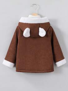 Young Boy Contrast Color Fleece Front Zipper Pocket Long Sleeve Winter Jacket - Brown - View 2