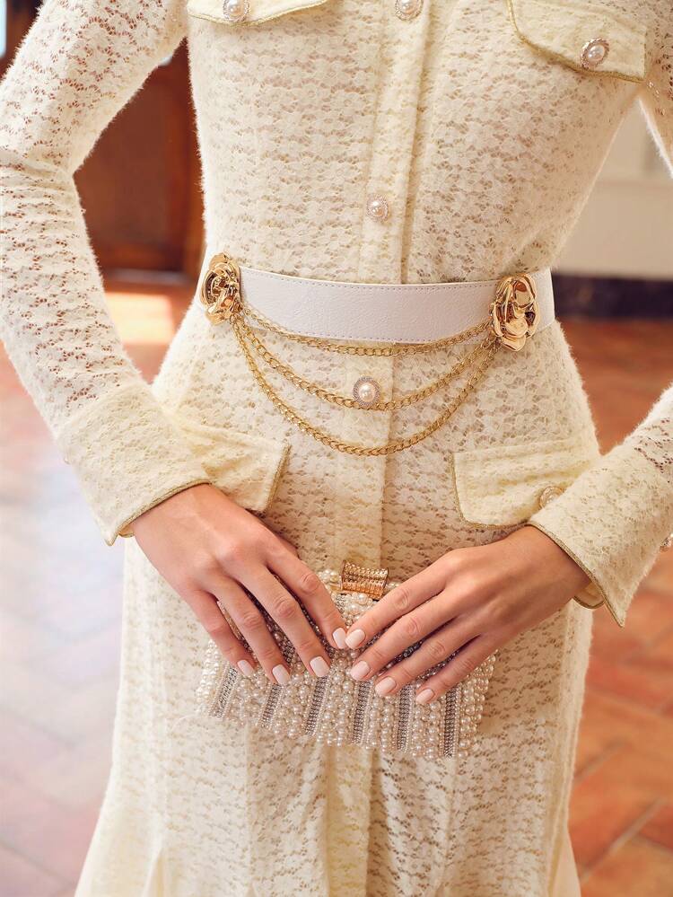 ZEYLAH LACE FLAP DETAIL MESH PANEL GODET HEM LONG DRESS WITH CHAIN BELT