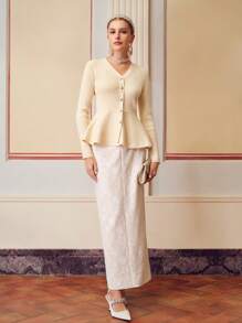 ZEYLAH SOLID V-NECK SINGLE BREASTED PLACKET PEPLUM CARDIGAN - Dusty Pink - View 9