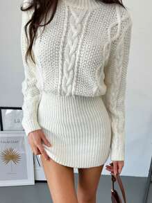Aloruh 1pc Women Mini Round Neck Shift Dress With Loose Top & Tight Skirt Bottom, Fall And Winter, Elegant, White, Longsleeve, Crewneckl - White - View 5