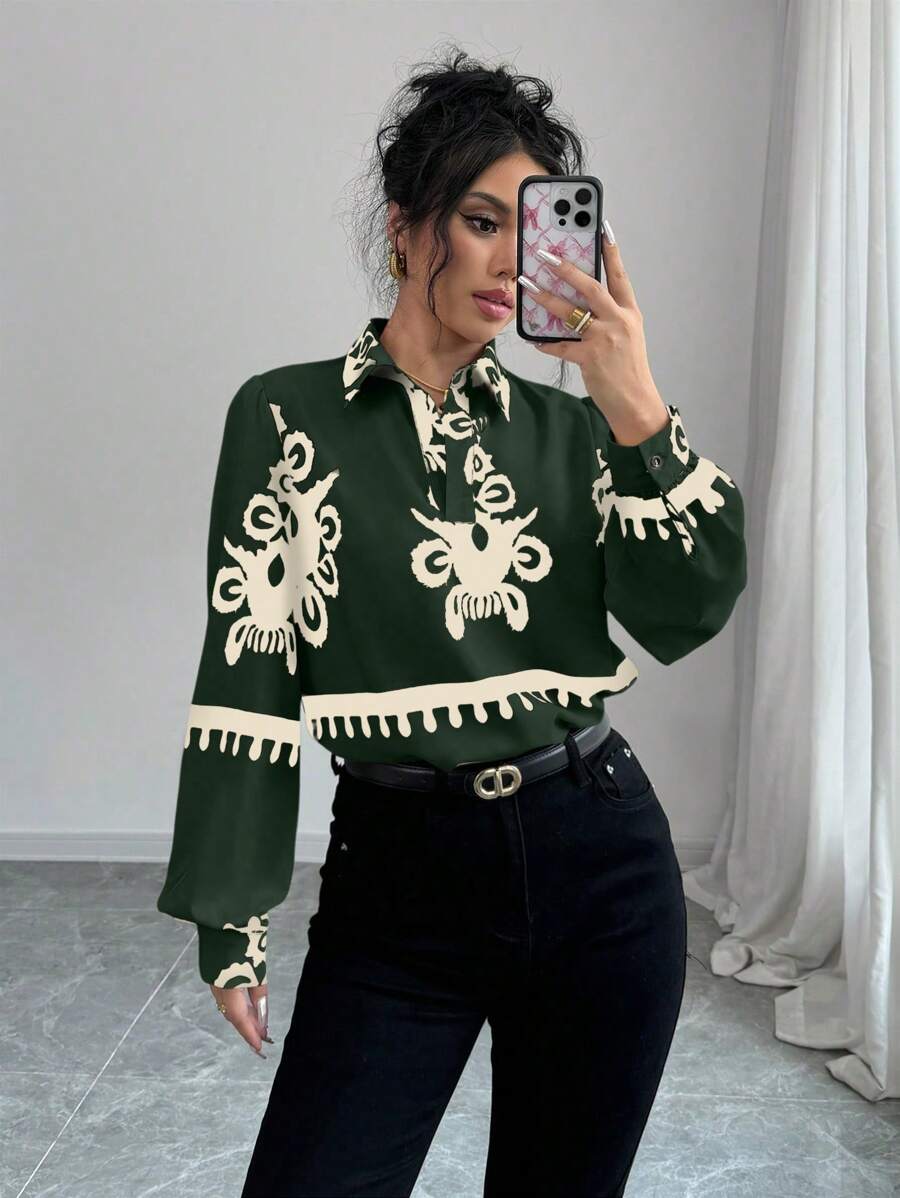 SHEIN Clasi Women's Floral Print Long Sleeve Casual Commuter Blouse For Autumn