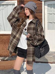 DAZY 女式长袖前扣休闲宽松格子衬衫，秋季服装，法兰绒女装 - 咖啡棕 - 查看 3