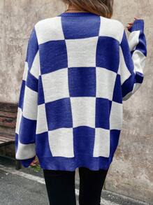 SHEIN LUNE Áo len ấm áp kẻ caro màu cam cho nữ vào dịp Giáng sinh, mùa đông, áo dài tay - Màu xanh lam - Xem 2