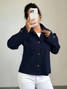 Chiquease 女士休闲宽松直筒短款飞行员夹克 - 藏蓝色 - 查看 4