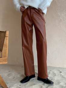 DAZY 1pc Men's Brown Leather Wide Leg Loose Fit Casual Pants, Autumn