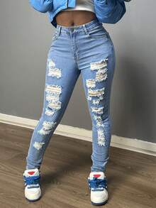 Women Streetwear Light Blue Distressed Ripped Skinny Jeans - Light Wash - View 4