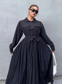 Flirla Plus Size Women Solid Color Belt Decor Casual Long Sleeve Pleated Dress - Black - View 1
