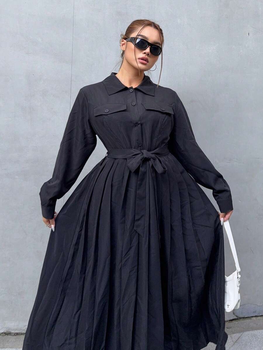Flirla Plus Size Women Solid Color Belt Decor Casual Long Sleeve Pleated Dress - Black - View 1