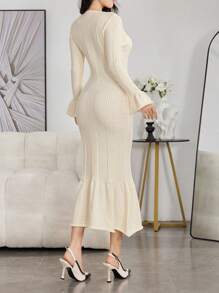 Modelyn Women Casual Minimalistic V-Neck Bell Sleeve Fish Tail Hem Ribbed Knit Sweater Dress