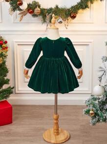 SHEIN Baby Girl Mother-Daughter Dresses, Vintage Elegant Velvet Lace Patchwork Sweetheart Neck Long Sleeve A-Line Smock Dress, Balloon Sleeve Ruffle Hem Party Dress For Holiday, For Christmas