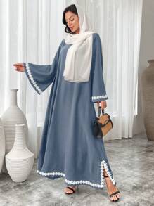 Al Najma 女士拼布缎带喇叭袖长款宽松土耳其连衣裙、卡夫坦和贾拉比亚长袍端庄连衣裙阿拉伯连衣裙 - 藍色 - 查看 4