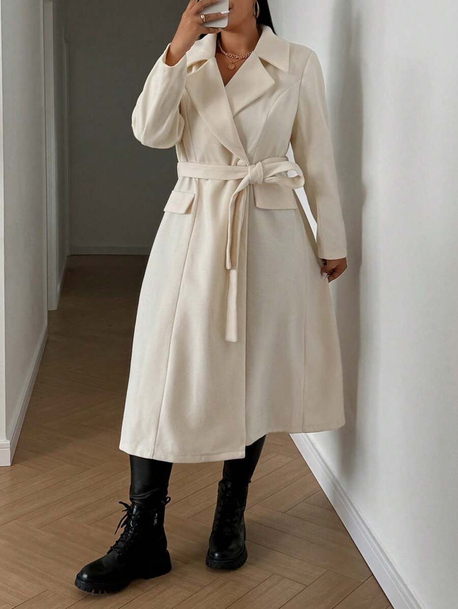 Flirla Plus Size Casual Lapel Flap Detail Loose Tweed Coat, Autumn Fall Cloth For Women - Apricot - View 1