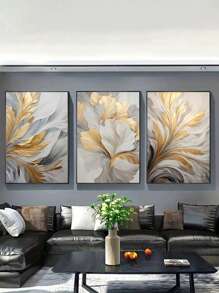 SHEIN 3pcs_Set Luxury Canvas Print Posters, Golden And White Leaves Canvas Wall Art Paintings, Artwork Wall Painting For Living Room Bedroom Bathroom Office Hallway Wall Decors, No Frames Christmas For Holiday Gift Giving - Multicolor - View 4
