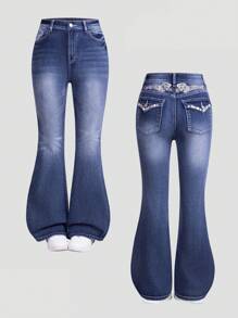 SHEIN Explorewe Teenager (Girls) New Rhinestone Embroidered Stretch Flared Distressed Denim Jeans - Dark Wash - View 1