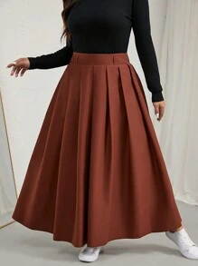 Calvaya 大码休闲通勤百褶优雅长裙女装 - 棕色 - 查看 8