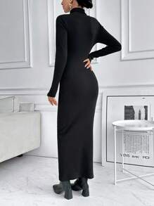 EURMUSE Women Solid Strech Rib Turtle Neck Button Detailed Long Dress - Black - View 2