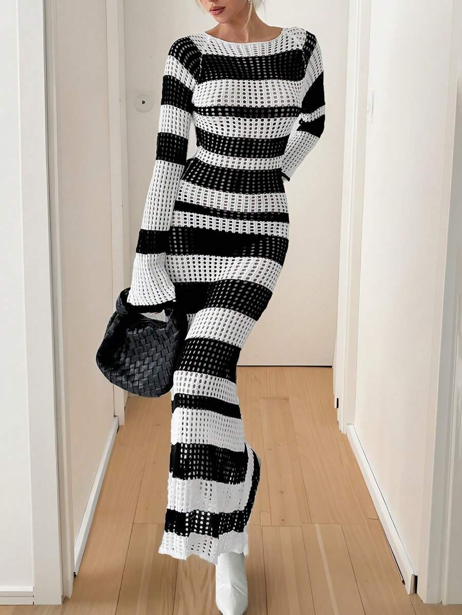 SHEIN Privé 女士优雅休闲黑白条纹透明圆领 A 字腰长款毛衣裙，适合夏秋季度假 - 黑與白 - 查看 1