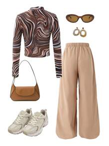 SHEIN Tween Girls 高领全身大理石印花长袖 T 恤和米色折扣工作服锥形裤两件套，休闲街头风格，适合秋季 - 棕色 - 查看 13