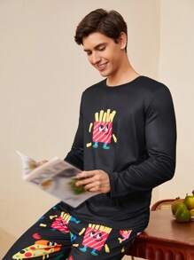 Men's Cartoon Print Long Sleeve Top & Pants Pajama Set, Fall Winter Clothes - Multicolor - View 3