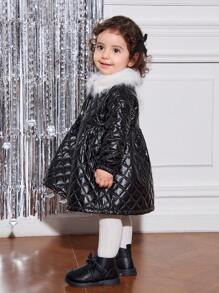 SHEIN Baby Girl Cute Rhombus Pattern Warm Thermal Lined Mid-Length Padded Coat, Autumn/Winter - Pink - View 2