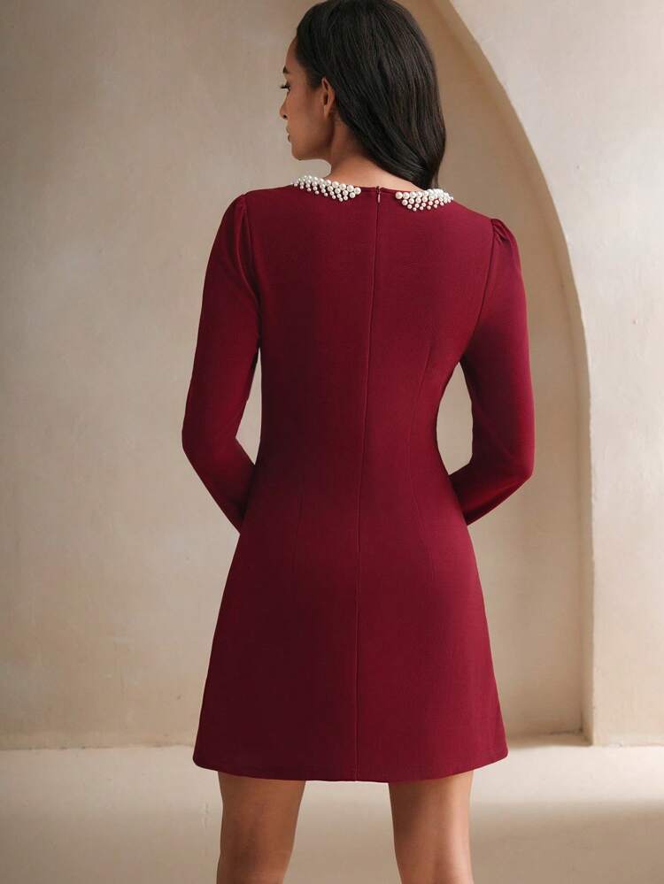 Rhinestone & Pearl Decor Women Round Neck Long Sleeve Waisted Slimming Elegant Dress, Suitable For Autumn/Winter/Christmas Burgundy Color Women Outfit