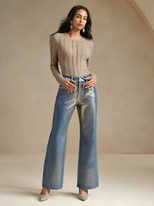 Anewsta 女士时尚金属效果宽松阔腿牛仔裤 - 藍色 - 查看 3