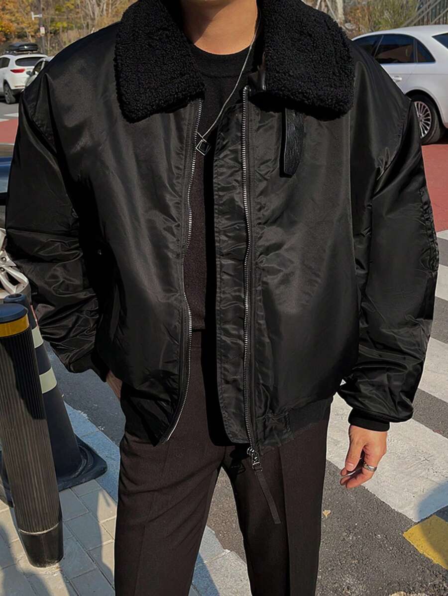 DAZY 男式纯色前拉链长袖毛绒拼接休闲夹克秋冬