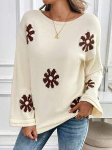 SHEIN ChicEase Áo len nữ tay loe họa tiết hoa phối màu tương phản, kiểu dáng thường ngày, thích hợp mặc mùa thu/đông. - Màu be - Xem 6