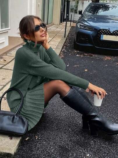 Chiquease 2 Stücke/Set Damen unifarbener Rollkragenpullover mit Drop-Shoulder und Langarm und plissierter gestrickter Midi-Rock, lässiger Anzug für Herbst/Winter