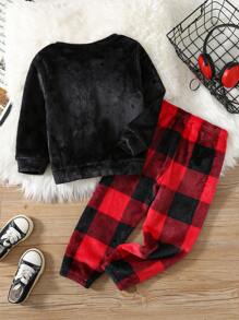 SHEIN 2 件装年轻男孩休闲格子图案口袋圆领长袖睡衣套装和格子睡裤，柔软舒适法兰绒服装，适合秋冬季 - 黑色 - 查看 2