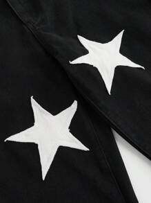 ROMWE MEN Street Life Jeans ample avec design de broderie étoile pour hommes - Noir - Voir 4