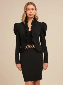 SHEIN Clasi 2 件套女士优雅雪纺荷叶边下摆短夹克和紧身裙套装 - 黑色 - 查看 5