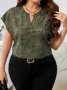 SHEIN Clasi Blusa estampada elegante y de moda para mujer talla grande, adecuada para el trabajo, atuendo de profesora, para el verano - Verde militar - Ver 5