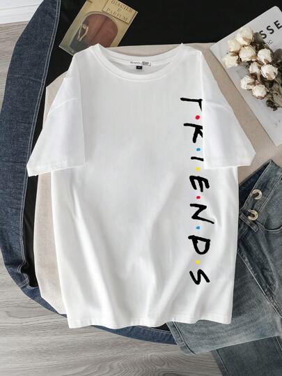 FRIENDS X SHEIN Loose Fit Crew Neck Short Sleeve Women T-Shirt, Suitable For Summer Suitable For Going Out
