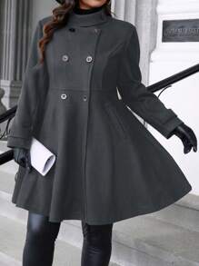 Calvaya Plus Size Casual Stand Collar Double-Breasted Solid Color Overcoat, Autumn/Winter - Dark Grey - View 3