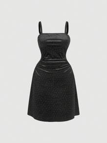 SHEIN MOD Plus Size Women Black Velvet Rhinestone Embellished Camisole Bodycon Dress