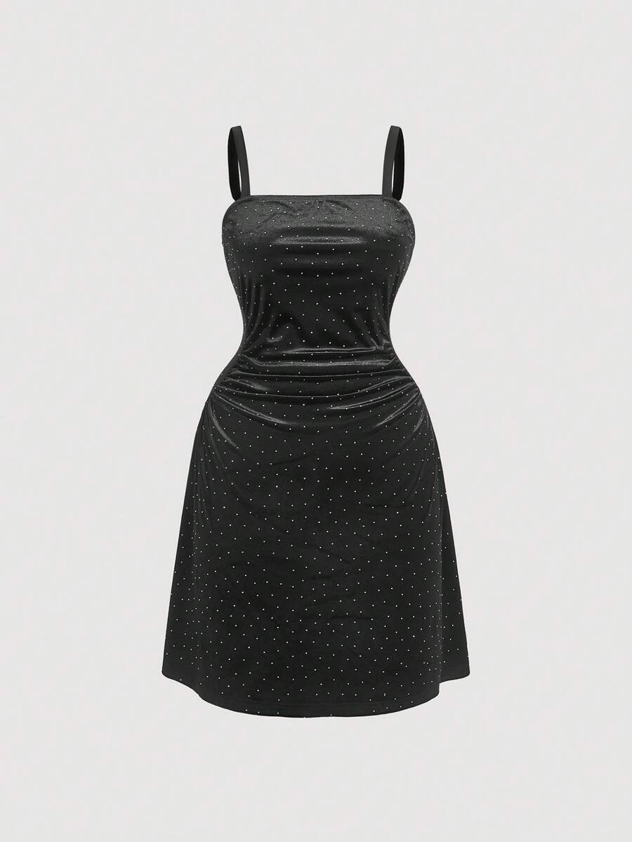 SHEIN MOD Plus Size Women Black Velvet Rhinestone Embellished Camisole Bodycon Dress