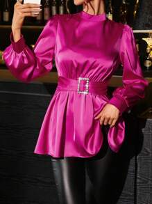 SHEIN Clasi 优雅立领水钻纽扣泡泡袖合身 A 字下摆长袖衬衫，适合派对 - 玫紅色 - 查看 1