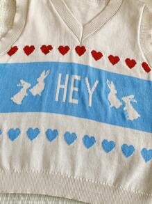 Blossori Young Girl Heart & Letter Graphic V-Neck Casual Oversized Knitted Sweater Vest, Autumn/Winter - Apricot - View 5