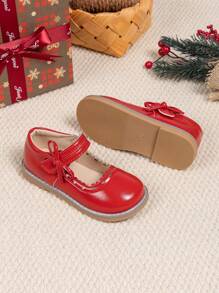 Zapatos de tipo Mary Jane con moño para niñas en Navidad, bailarinas suaves y cómodas para niños