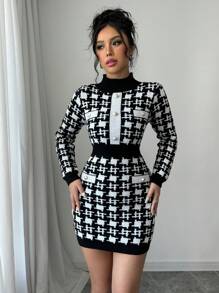 Váy len dáng ôm cổ tròn tay dài họa tiết răng sói thanh lịch dành cho nữ, mùa thu/đông - Nhiều màu - Xem 5