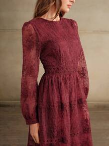 Anewsta 圣诞蕾丝刺绣透明优雅束腰连衣裙，秋季勃艮第长款女装 - 酒紅色 - 查看 6