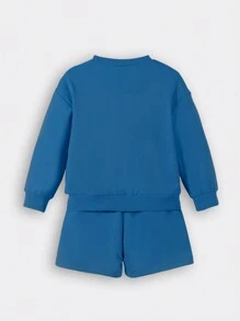 Bộ 2 áo nỉ cổ tròn in chữ và quần short cho bé gái, trang phục gia đình đồng bộ (2 bộ được bán riêng) - Màu xanh lam - Xem 2