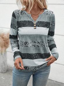 SHEIN LUNE 女式长袖条纹纽扣缺口领休闲 T 恤，随机印花，秋季图案 T 恤女式春季上衣 - 彩色 - 查看 8