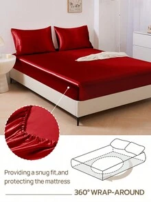 3/4件套床上用品：1件缎面床笠 + 1件缎面床单 + 1/2件缎面枕套，柔软透气，抗皱，提升睡眠质量，奢华酒店风格，馈赠父母和朋友的理想之选，14英寸/35厘米深口袋，可机洗，适用于所有床型——单人床、双人床、大号双人床、特大号双人床。 - 紅色 - 查看 6