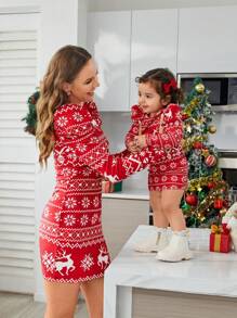 SHEIN Đầm cổ tròn tay dài họa tiết tuần lộc cho bé gái và mẹ, thích hợp cho tiệc Giáng sinh - Đỏ - Xem 1