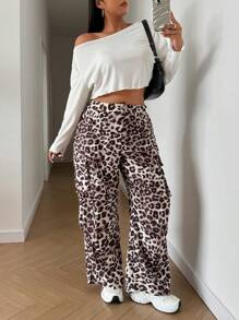 Flirla Plus Size Leopard Print Snap Button Front Side Pockets Elastic Waist Cargo Pants Fall Cloth For Women - Multicolor - View 6