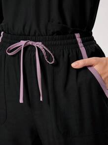 TaskEZ Scrubs Scrub Uniform Set, Contrast Color Patchwork Long Sleeve Top And Pants