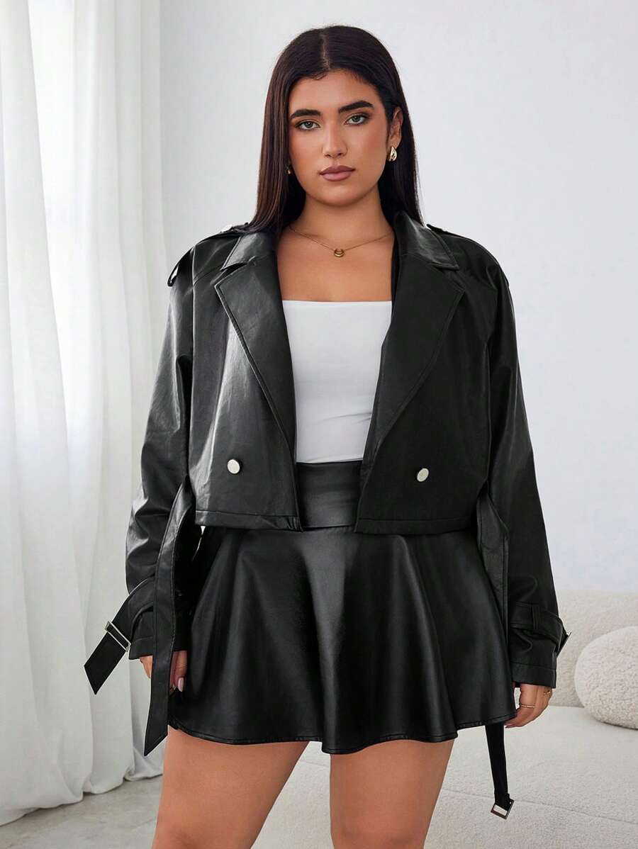 SHEIN EZwear Plus Size Women's Cool Black Windbreaker Leather Jacket With Warm Lining For Halloween Casual Wear, Crafted With Precision