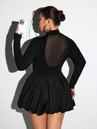SHEIN ICON ICON Plus Size Women's Long Sleeve Bubble Dress, See Through Back Party Dress, Halloween Costume, Christmas Costume